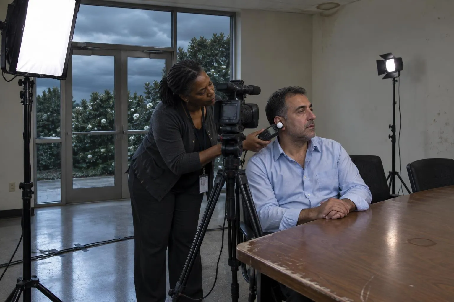 A videographer holds a light meter near a seated expert witness while a tripod camera stands at his eye level.