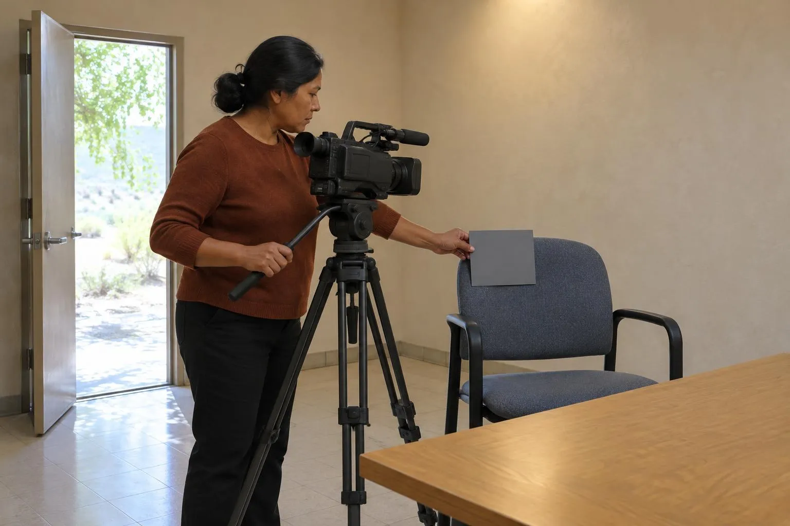 Videographer holds a grey card against an empty witness chair while adjusting a tripod camera in a sunlit meeting room.