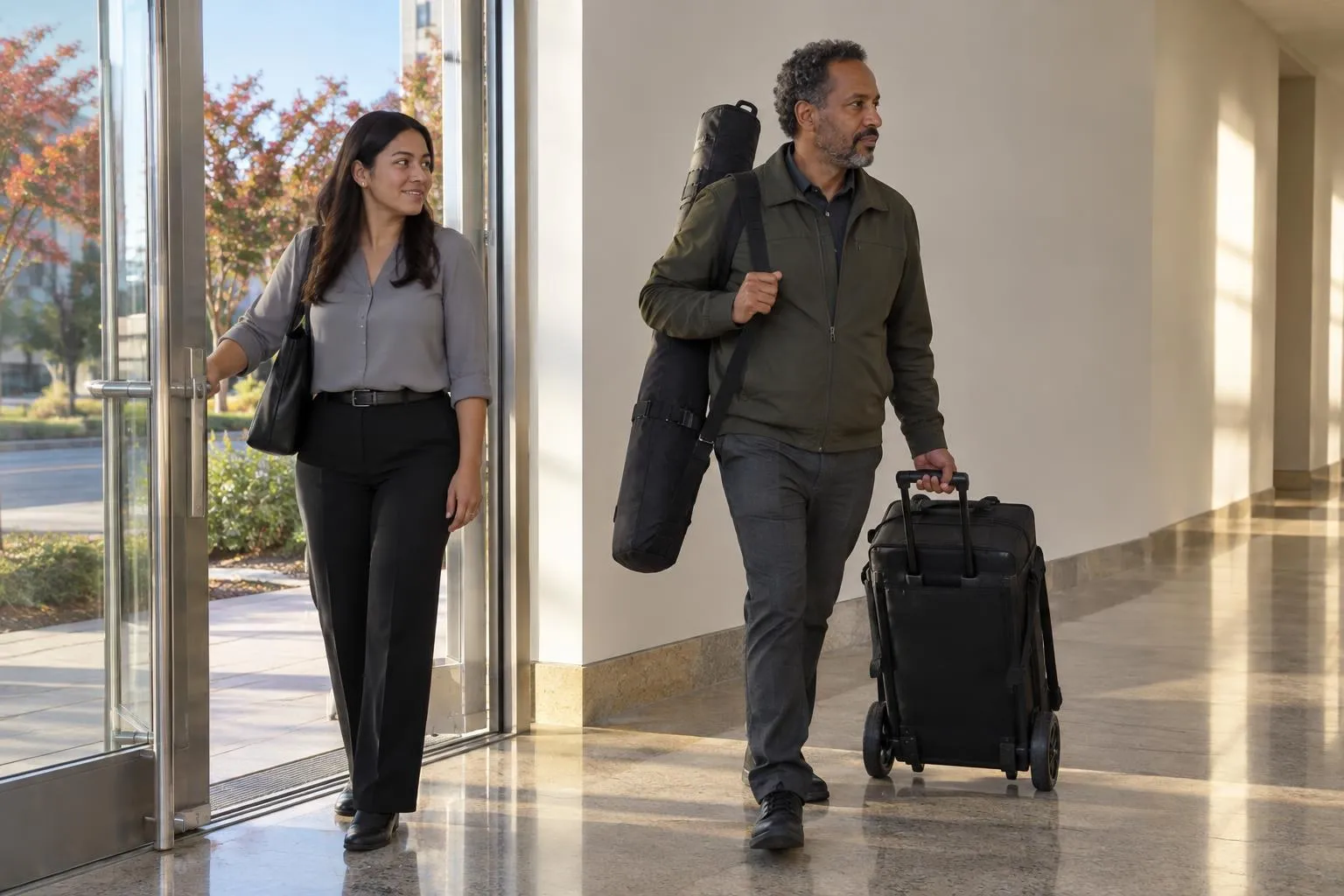 A videographer wheels a black gear cart through a sunlit law-firm corridor as a paralegal holds the door open for him.