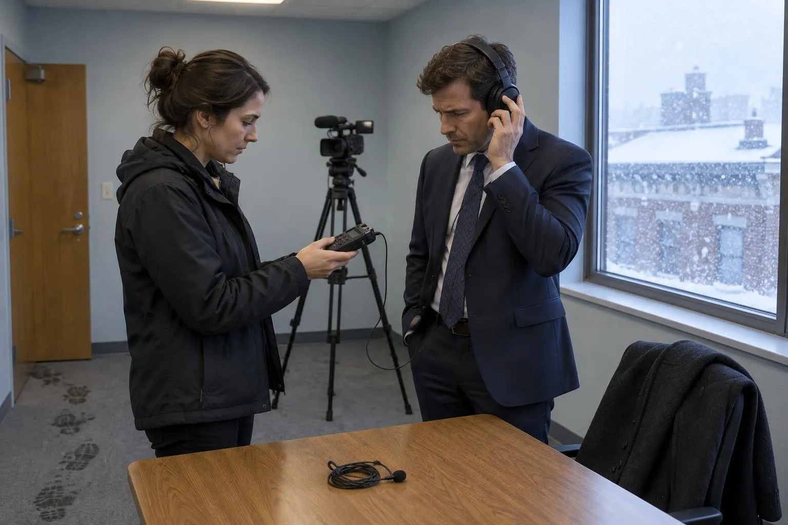A videographer lets a lawyer listen through headphones to her backup audio recorder beside a tripod camera on a snowy morning.