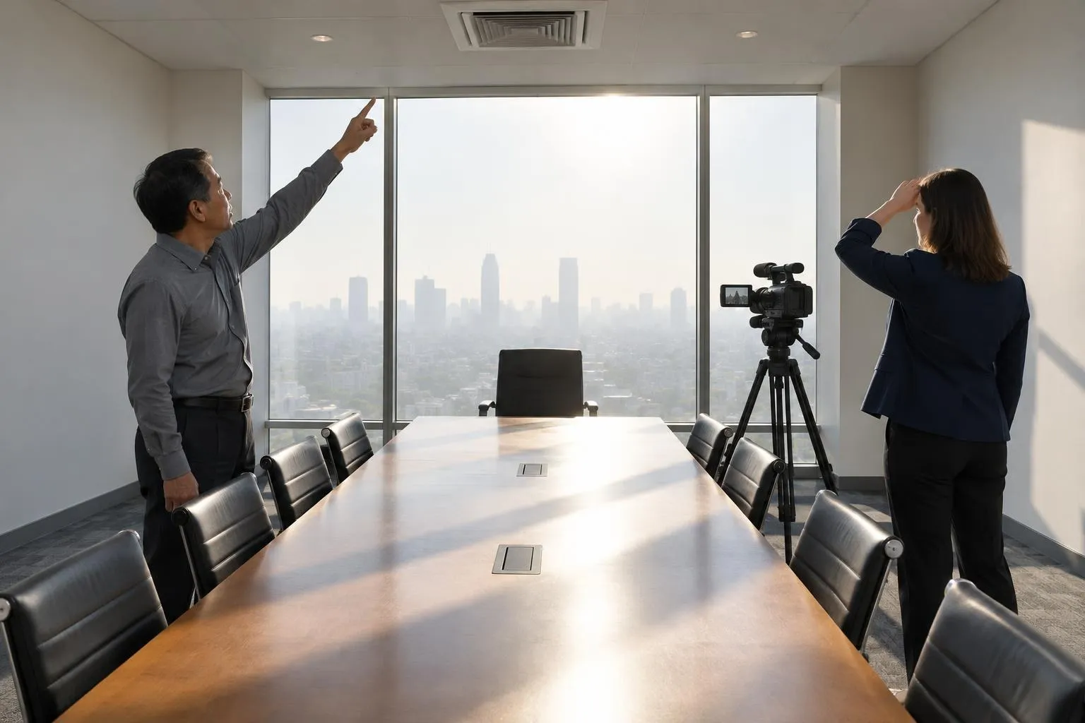 A videographer points at a ceiling vent while an attorney shades her eyes from window glare beside a backlit witness chair.