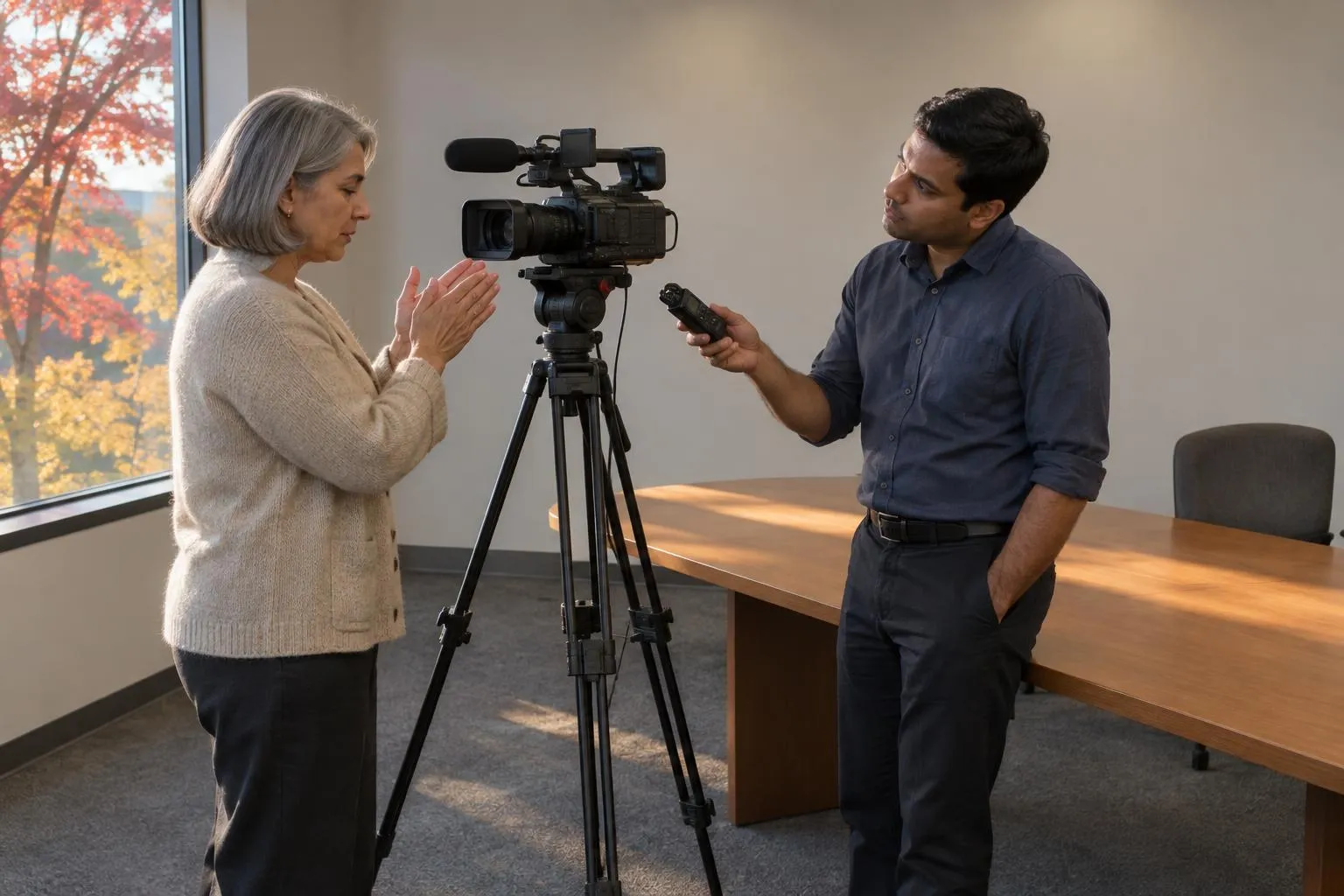 A videographer claps her hands in front of a tripod camera while an attorney holds a recorder toward the sound to check sync.