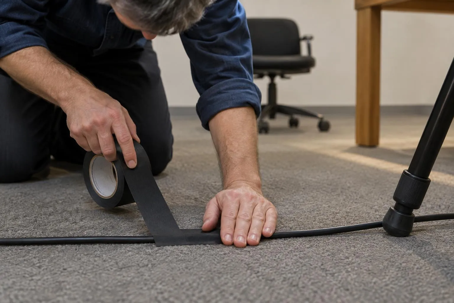 A kneeling videographer's hands press black gaffer tape over a camera cable on grey carpet beside a tripod leg.